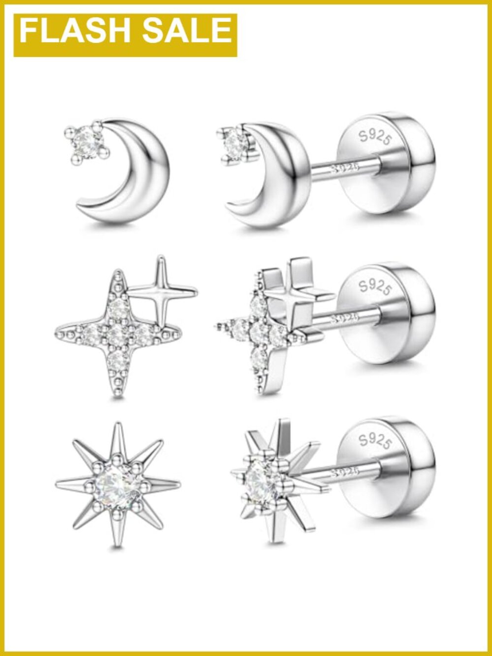 14K Gold Plated 925 Sterling Silver Flat Back Earrings Set Hypoallergenic